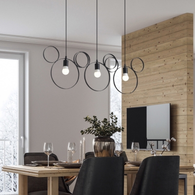 Metal Ring Pendant Light 3 Lights Industrial Hanging Lamp in Black for Bedroom Study Room