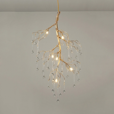 Metal Twig Pendant Lamp with Teardrop Crystal Restaurant 4/6/9 Lights Elegant Style Chandelier in Gold