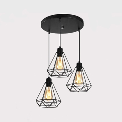 Metal Wire Frame Pendant Lamp Kitchen Shop 3 Heads Vintage Stylish Ceiling Pendant in Black