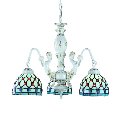 Nautical Cone/Dome Ceiling Lights 3 Lights Art Glass Chandelier in Blue for Bathroom
