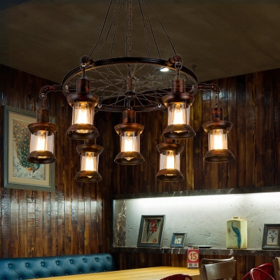 Restaurant Kerosene Hanging Light Metal 7 Lights Industrial Pendant Lamp with Wheel in Rust