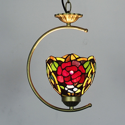Rustic Dragonfly/Leaf/Rose Suspension Light Stained Glass 1 Light Hanging Light for Balcony