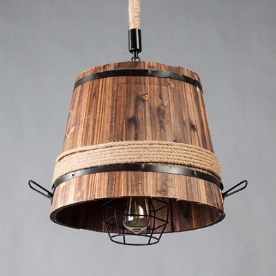 Rustic Style Barrel Pendant Light 1 Light Rope Wood Hanging Light in Brown for Cafe Bar