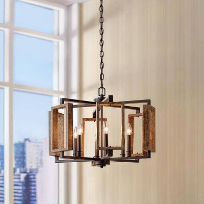Rustic Style Candle Chandelier 6 Lights Metal Wood Pendant Light in Brown for Hallway
