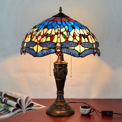 Rustic Tiffany Blue Desk Light with Pull Chain 2 Lights Stained Glass Table Light for Hotel