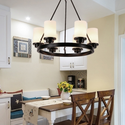 Simple Style Cylinder Chandelier Frosted Glass 3/6/8 Lights Black Pendant Light for Dining Room