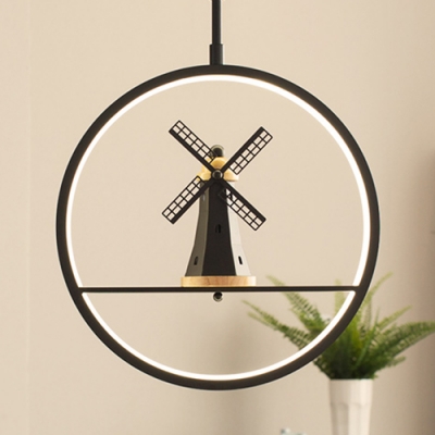 Simple Style Ring Pendant Lamp with Cartoon Pattern Metal Hanging Light in Black for Study Room
