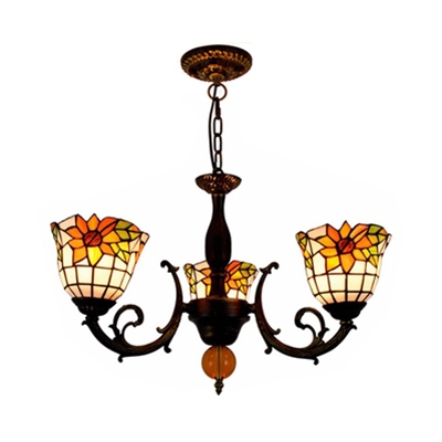 Stained Glass Sunflower Chandelier Restaurant 3 Lights Rustic Style Hanging Lamp