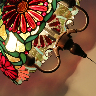 Stained Glass Umbrella Hanging Light with Flower Restaurant 3 Lights Rustic Suspension Light