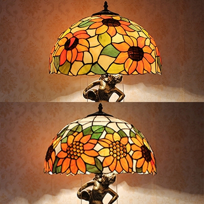 Study Room Sunflower Desk Lamp with Girl Stained Glass Resin Two Lights Brass Table Light