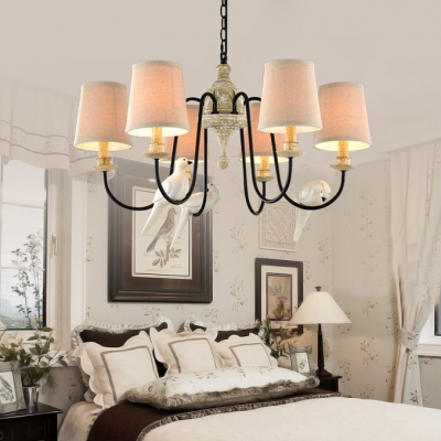 Tapered Shade Chandelier 3/6 Lights Rustic Style Hanging Lamp with Bird Decoration for Living Room