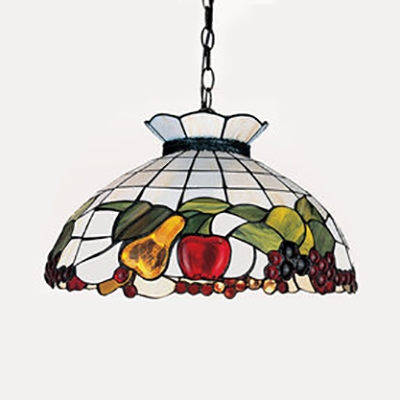 Tiffany Rustic White Hanging Lamp Bowl Shade 1 Light Stained Glass Ceiling Pendant with Fruit for Hallway