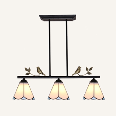 Tiffany Style Black/Blue Chandelier Cone 3 Lights Glass Pendant Lighting with Bird for Balcony