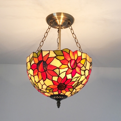 Tiffany Style Rustic Bowl Chandelier with Sunflower Stained Glass Pendant Lamp for Bedroom