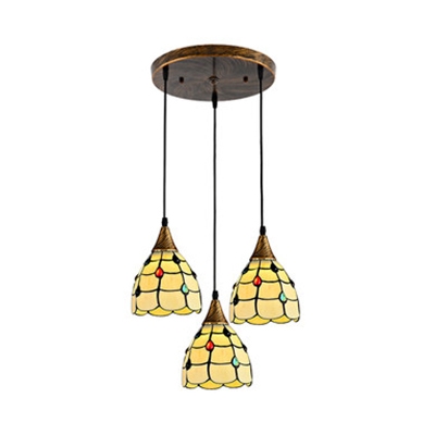 Tiffany Traditional Domed Hanging Light 3 Lights Glass Ceiling Pendant in Aged Brass for Cafe