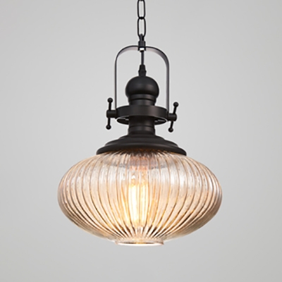 Vintage Black Pendant Light with Cylinder/Oval Shade 1 Light Fluted Glass Hanging Lamp for Bathroom