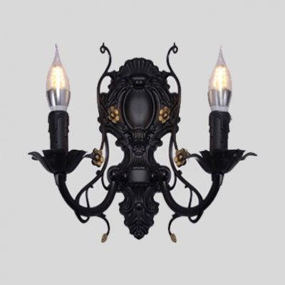 Vintage Style Candle Wall Light 1/2 Lights Metal Carved Sconce Light in Black/White for Bedroom