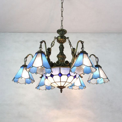 Vintage Style Dome Cone Chandelier 7 Lights Stained Glass Hanging Lamp for Living Room Villa