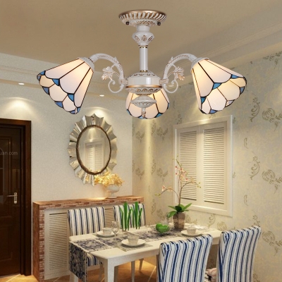 White Cone Shade Suspension Light 3 Lights Tiffany Style Chandelier for Study Room Hallway