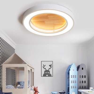 Wood Round LED Flush Mount Light Simple Style Candy Colored Ceiling Lamp in Warm White/White for Restaurant
