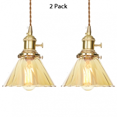 1/2 Pack Cone Shade Pendant Light with Adjustable Cord Antique Amber Fluted Glass Suspension Light for Kitchen