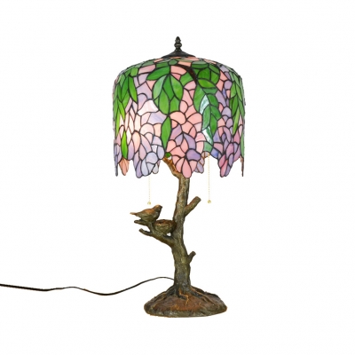 2 Lights Tree Leaf Desk Light Rustic Tiffany Stained Glass Desk Lamp with Bird for Bedside Table