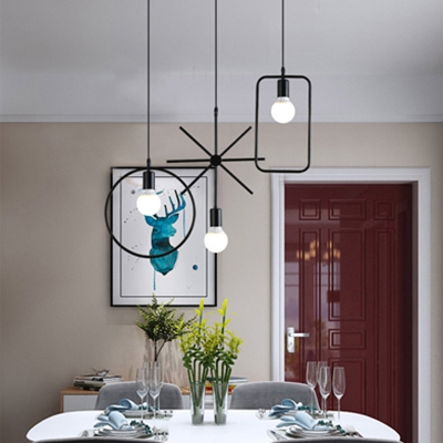 3 Lights Wire Frame Pendant Light Industrial Metal Hanging Lamp in Black for Living Room