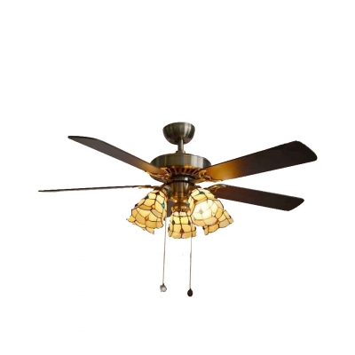 36/42 Inch Antique Beige Semi Flushmount Light Bell 5 Heads Glass Ceiling Fan with Pull Chain for Dining Room