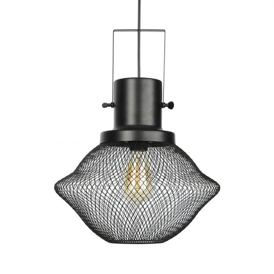 Single Light Mesh Cage Pendant Light Antique Style Metal Hanging Lamp in Black for Cafe Kitchen
