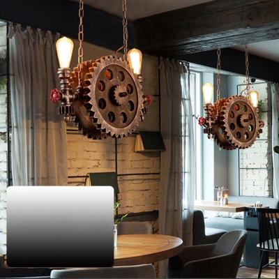 Glass Edison Bulb Hanging Light with Gears Cafe 2 Lights Vintage Style Pendant Lamp in Rust