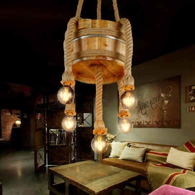 Restaurant Bare Bulb Chandelier with Barrel Hemp Rope Wood Rustic Style Beige Pendant Light