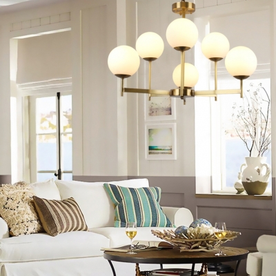 6/8 Lights Globe Chandelier Elegant Style Frosted Glass Hanging Light in Brass for Study Room