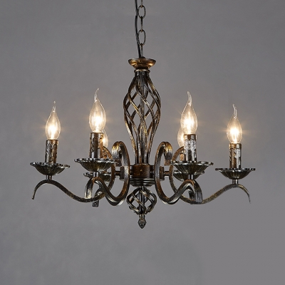 6 Lights Fake Candle Chandelier Industrial Metal Ceiling Lamp in Aged Brass for Restaurant