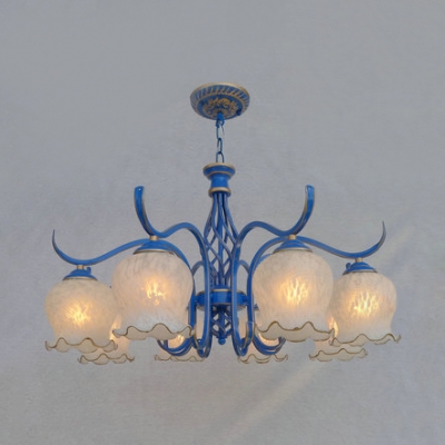 8 Lights Bloom Chandelier Antique Style Metal Engraved Ceiling Pendant in Black/Blue for Living Room