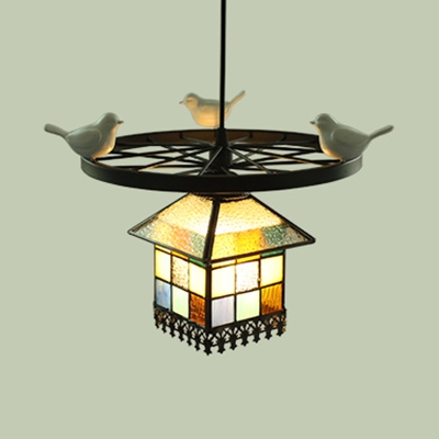 Antique House/Star Ceiling Light with Bird Wheel 1 Light Stained Glass Pendant Light for Shop