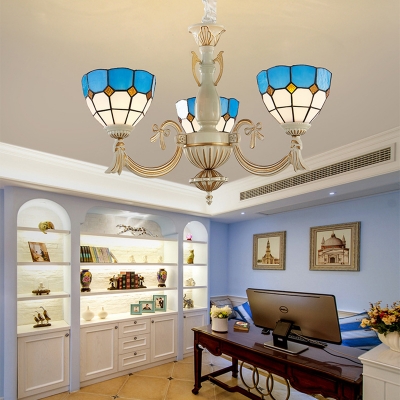 Art Glass Dome Chandelier 3 Lights Mediterranean Style Pendant Lamp in Blue for Foyer
