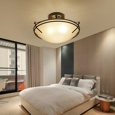 Bedroom Dome Shade Semi Flush Mount Light Frosted Glass 3 Lights American Rustic Ceiling Light