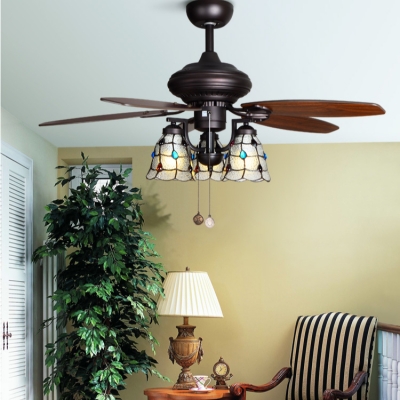 Bell Shade Hotel Ceiling Fan with 5 Blade Glass 3 Heads Antique Remote Control Semi Flush Ceiling Light