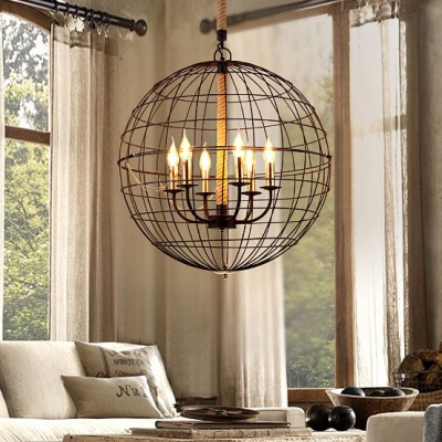 Black Candle Pendant Light with Globe Shade 3/4/6 Heads Retro Loft Metal Chandelier for Dining Table