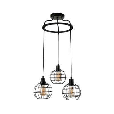Black Finish Spherical Cage Pendant Light 3/4/5 Light Antique Stylish Metal Hanging Light for Restaurant