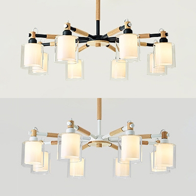 Black/White Cylinder Chandelier 8 Lights Modern Wood Glass Ceiling Light for Dining Room
