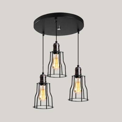 Black Wire Frame Hanging Light 3 Lights Vintage Metal Linear/Round Canopy Ceiling Lamp for Restaurant