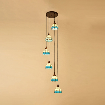 Blue Grid Bowl Pendant Light 6/12 Lights Nautical Style Glass Swirl Hanging Light for Villa