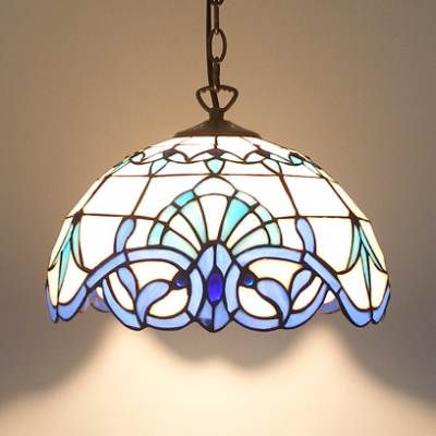 Bowl Shade Dining Table Pendant Light Stained Glass 1 Light Nautical Style Hanging Light in Blue