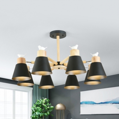 Bucket Study Room Chandelier with Bird Wood 3/6/8 Lights Nordic Style Pendant Lamp in Black/White
