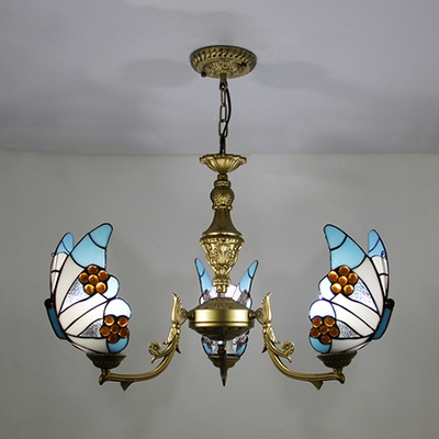 Butterfly Bedroom Ceiling Lamp Glass 3 Lights Tiffany Style Blue/Colorful/Red/White Chandelier
