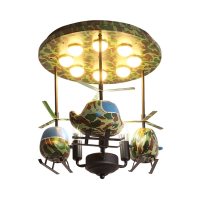 Camouflage Helicopter Semi Flush Light Vintage Metal LED Ceiling Light with Warm/White Lighting for Baby Bedroom