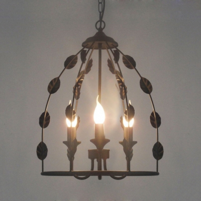 Candle Dining Room Chandelier Metal 3 Lights Rustic Style Pendant Light with Leaf in Black
