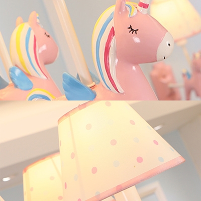 Child Bedroom Tapered Shade Pendant Light with Unicorn Resin 3/5 Lights Lovely Pink Chandelier