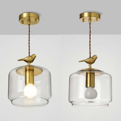 Clear Glass Jar Pendant Lamp with Bird Decoration 1 Light Rustic Ceiling Light in Brass for Balcony